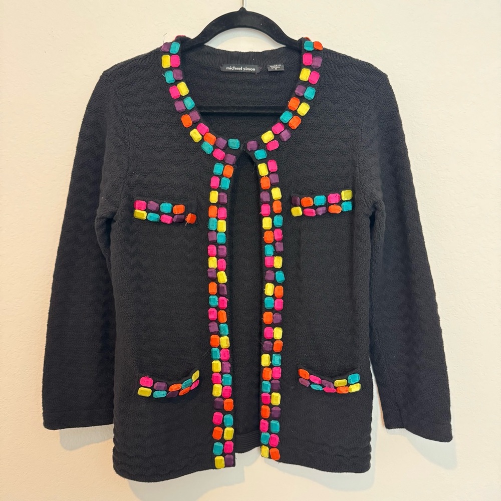 Michael Simon Black Knit Jeweled Accent Cardigan Sweater